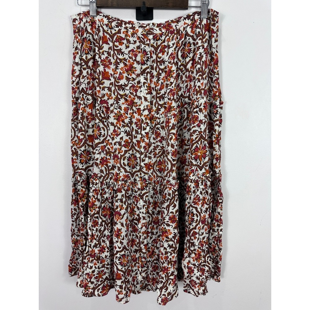 Cynthia Rowley Tiered Midi Skirt Womens Large Orange Floral Boho Cottage Crinkle